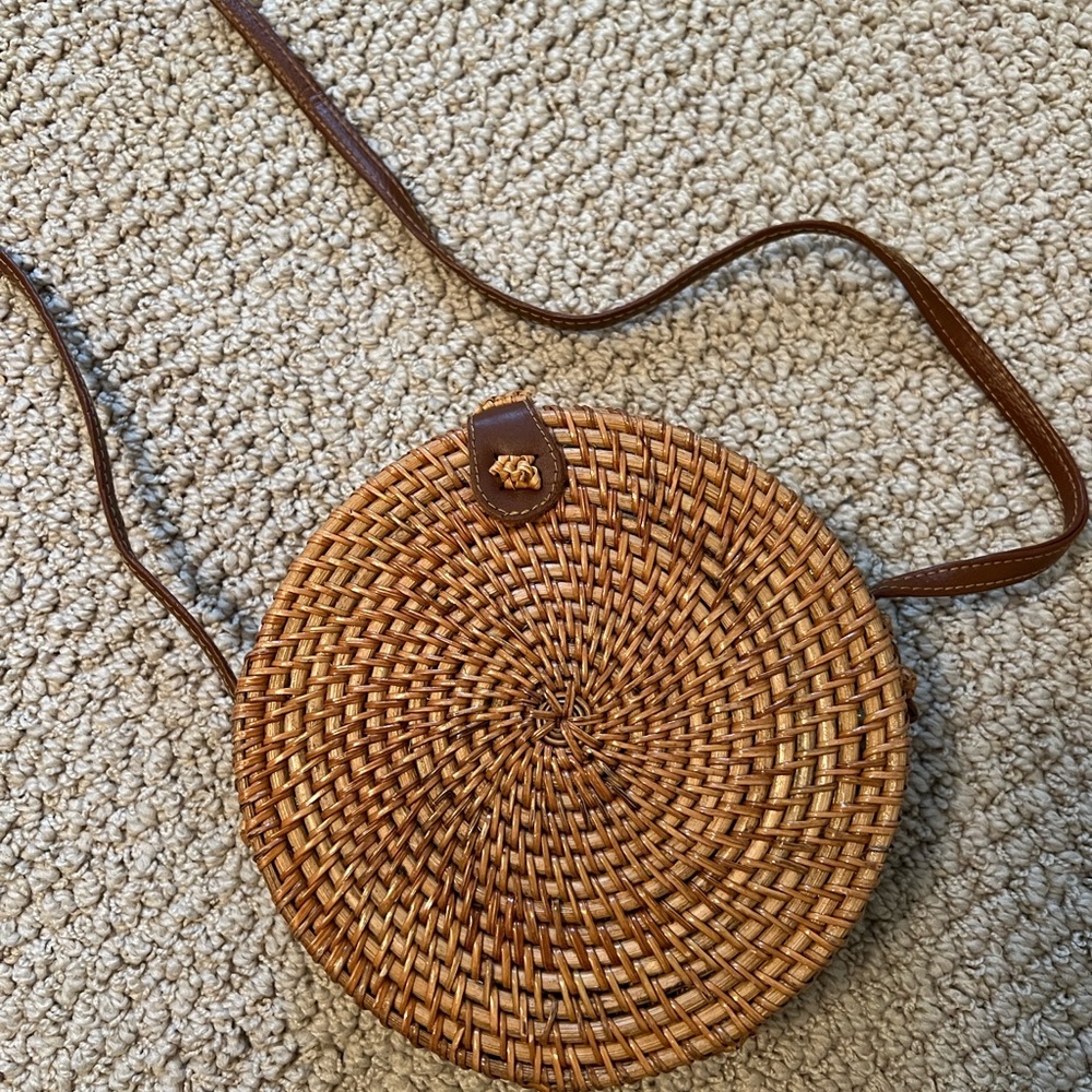 Brown Wicker Round Crossbody Bag